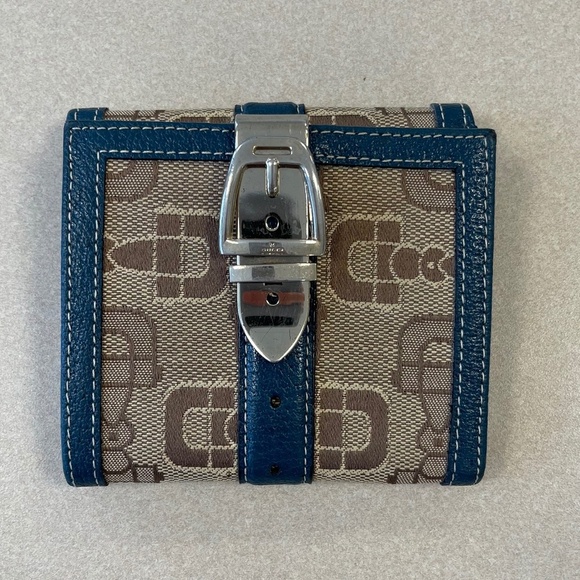 Gucci Horsebit Brown Canvas Buckle Compact Wallet w/ Navy Leather Trim- Preowned - Picture 1 of 14